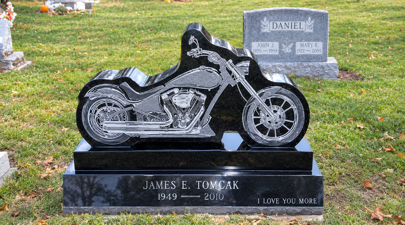 Motorcycle Memorial Among Autumn Graves