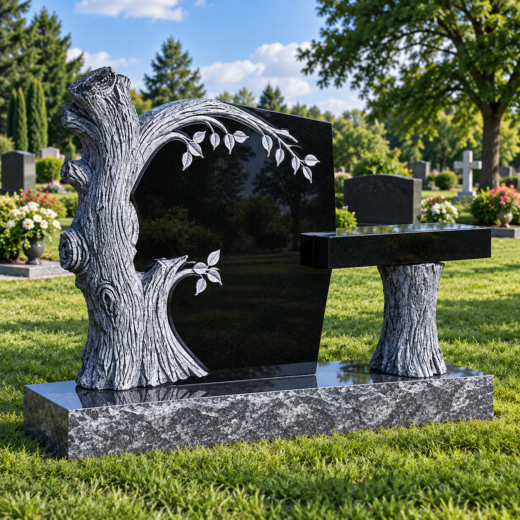 Black Granite Tree Trunk Monument with Attached Bench Black granite monument framed by a carved tree trunk, with a matching tree-trunk bench