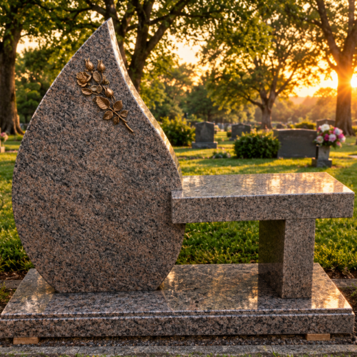 Rose Granite Teardrop Monument with Attached Bench and Bronze Rose Rose granite teardrop-shaped monument with an attached bench and a bronze rose accent