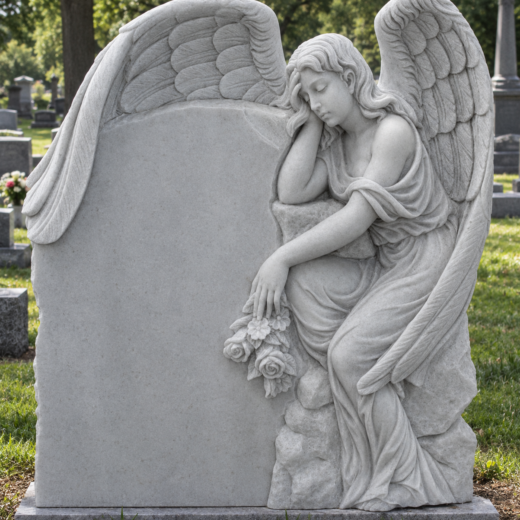 Light Gray Stone Upright Monument with Carved Mourning Angel Light gray stone upright monument with a carved mourning angel holding roses