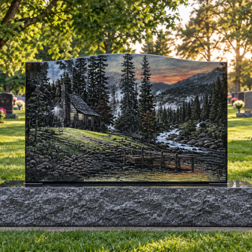 Black Granite Headstone with Color-Etched Mountain Cabin Landscape Black granite upright headstone with a full-color etched landscape of a log cabin, forest and mountains