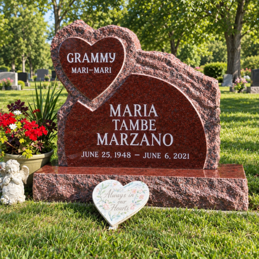 Red Granite Heart-Topped Upright Headstone Red granite upright monument with heart panel and rock-pitched edges