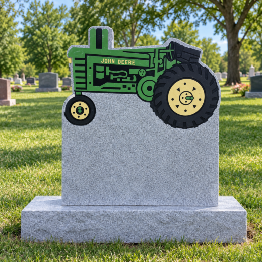 Gray Granite Headstone with Color-Etched Tractor Top Gray granite upright headstone topped with a color-etched green John Deere tractor