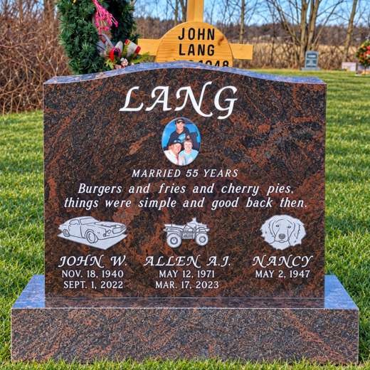 Red Granite Family Headstone with Photo and Etched Hobbies Red granite headstone with photo, tractor and dog etchings
