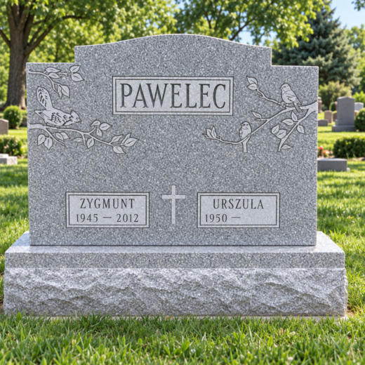 Gray Granite Companion Headstone with Carved Songbirds Gray granite serpentine-top headstone with etched birds on branches and cross