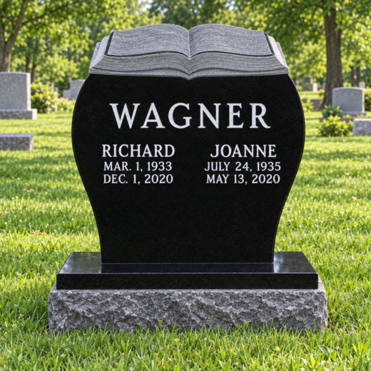 Black Granite Open Book Upright Headstone Black granite upright headstone with open book top