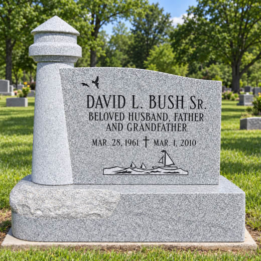 Gray Granite Upright Monument with Carved Lighthouse Gray granite upright monument with carved lighthouse and sailboat etching