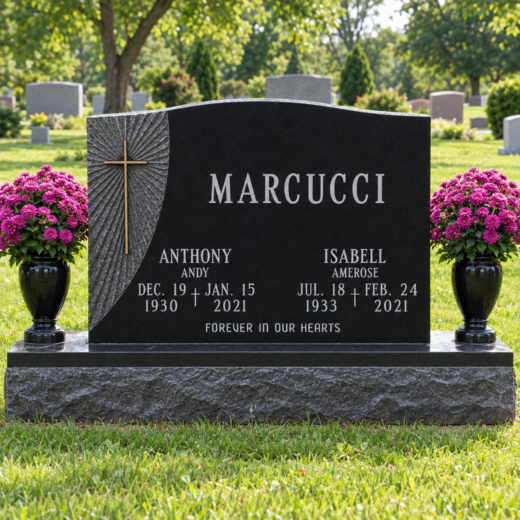 Black Granite Companion Headstone with Cross and Vases Black granite headstone with etched cross and twin flower vases