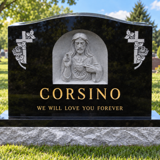 Black Granite Upright Monument with Carved Sacred Heart of Jesus Black granite serpentine-top monument with a carved Sacred Heart of Jesus panel and gold lettering