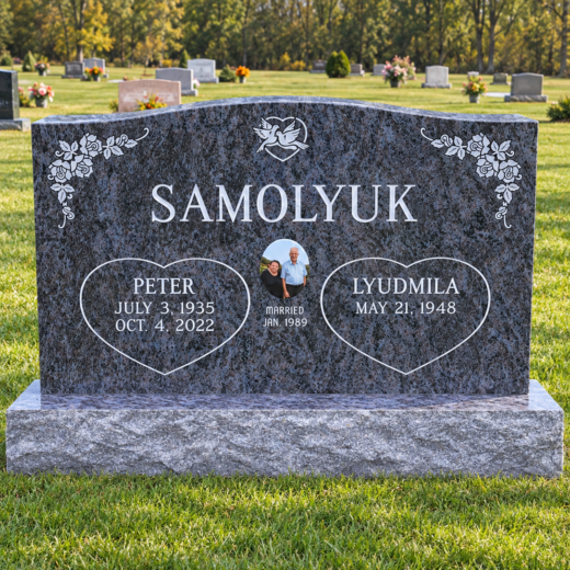 Dark Gray Granite Companion Headstone with Heart Panels Dark gray granite companion headstone with heart panels and roses
