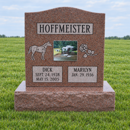 Red Granite Headstone with Etched Horse and Photo Red granite upright headstone with horse etching and color photo plaque