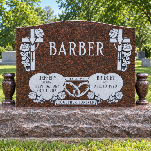 Red Granite Companion Headstone with Crosses and Matching Vases Red granite companion headstone with crosses, wedding rings and twin vases