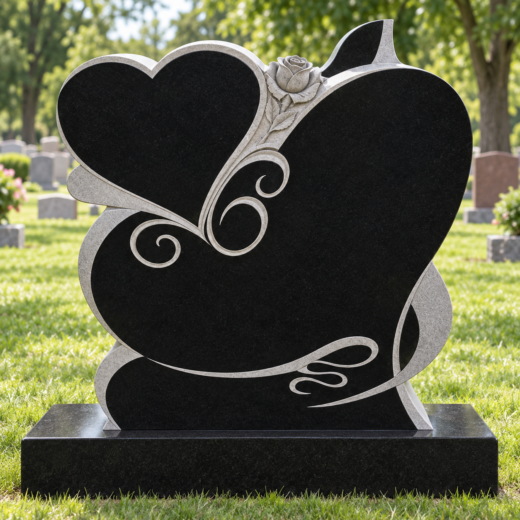 Black Granite Double-Heart Monument with Carved Rose and Scrollwork Black granite double-heart upright monument with carved rose and scrollwork, blank for lettering