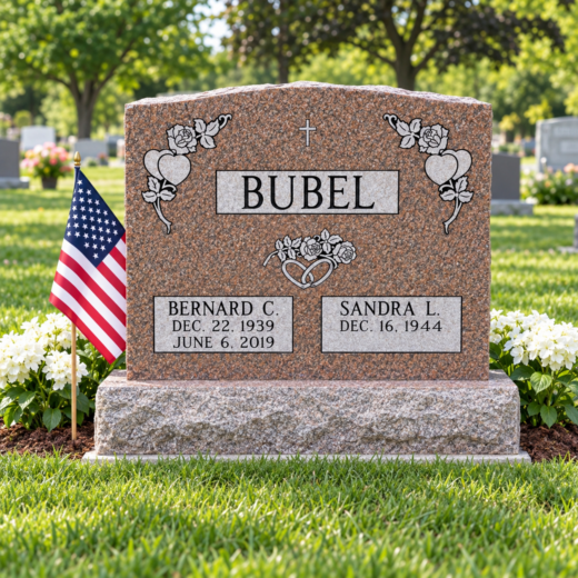 Rose Granite Companion Headstone with Etched Hearts and Roses Rose granite headstone with hearts and roses