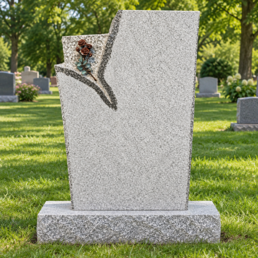 Light Gray Granite Torn-Edge Upright with Bronze Rose Light gray granite upright monument with angled torn-edge design and bronze rose