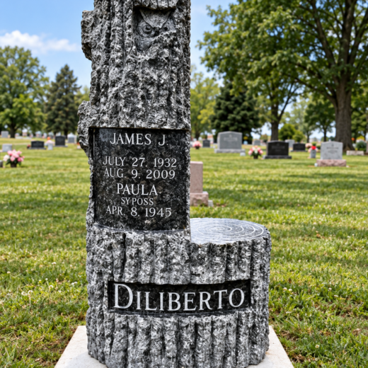 Gray Granite Tree Trunk Memorial Gray granite tree-trunk style memorial with name plaque