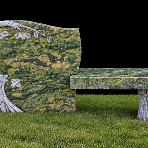 Green Granite Tree Trunk Memorial with Attached Bench Green granite memorial with carved tree trunk and attached bench