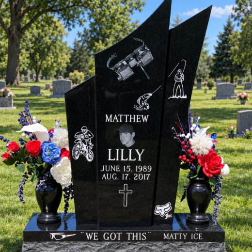 Black Granite Contemporary Monument with Laser-Etched Portrait and Hobbies Black granite contemporary monument with angled peaks, a laser-etched portrait and etched motorcycle and fishing designs