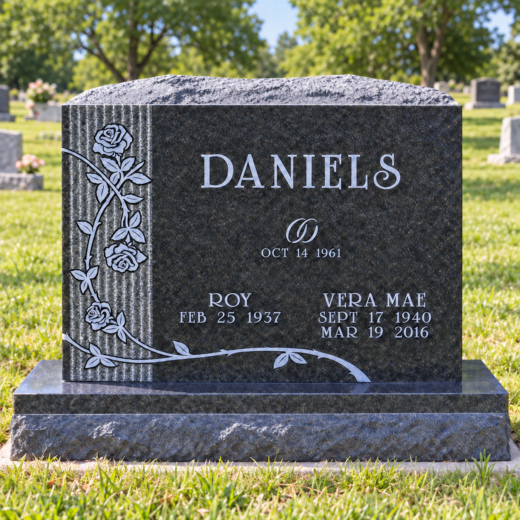 Black Granite Headstone with Carved Rose Vine Black granite upright headstone with carved rose vine