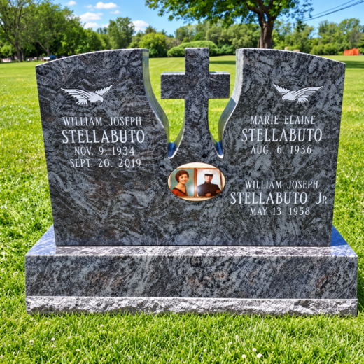 Blue Granite Split-Top Family Monument with Carved Cross Blue granite split-top family monument with carved cross and porcelain photo