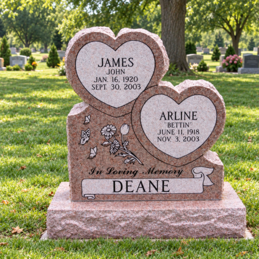 Pink Granite Double-Heart Headstone Pink granite double-heart headstone with flower etching and inscribed scroll