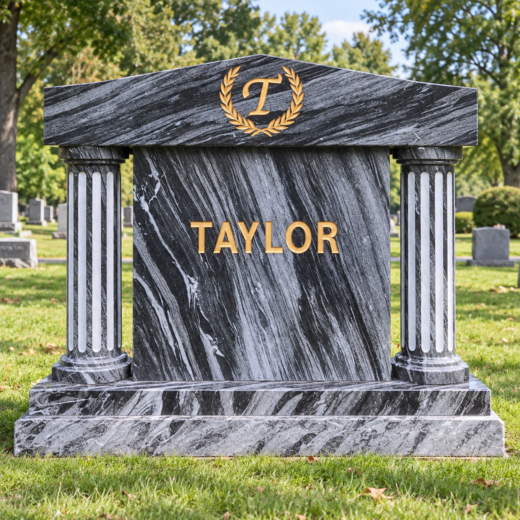 Black and White Granite Temple-Style Family Monument Black and white granite temple-style monument with columns and gold-leaf lettering