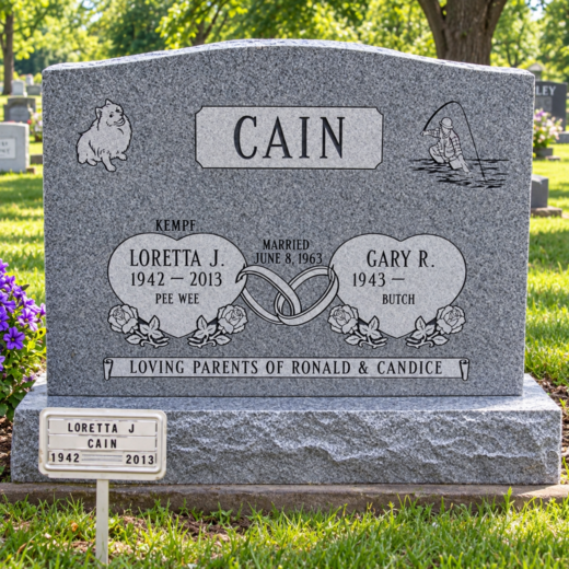 Gray Granite Companion Headstone with Hearts and Wedding Rings Gray granite companion headstone with hearts, wedding rings and fishing scene