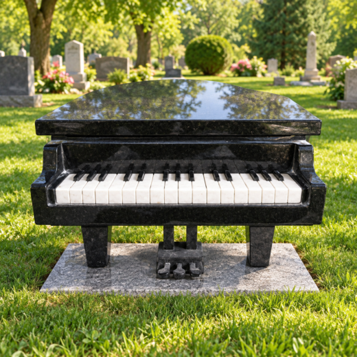 Black Granite Grand Piano Memorial Black granite memorial carved as a grand piano with keys