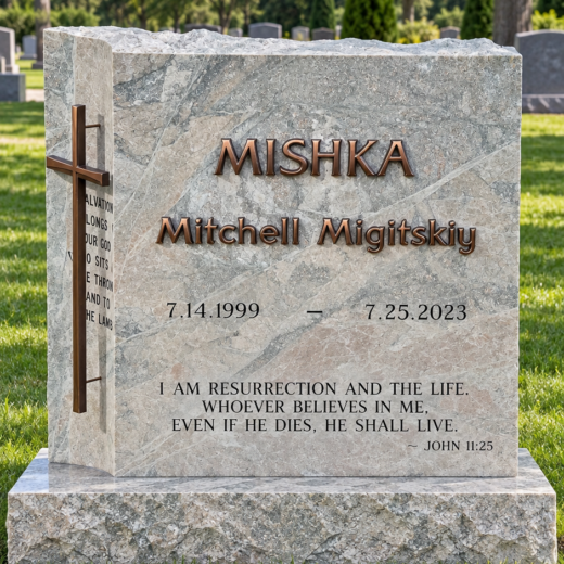 Veined Stone Rock-Pitch Monument with Bronze Cross and Lettering Veined stone upright monument with rock-pitch edges, a bronze cross and raised bronze lettering