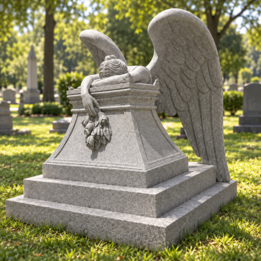 Gray Granite Weeping Angel Memorial Gray granite memorial with carved weeping angel draped over a pedestal