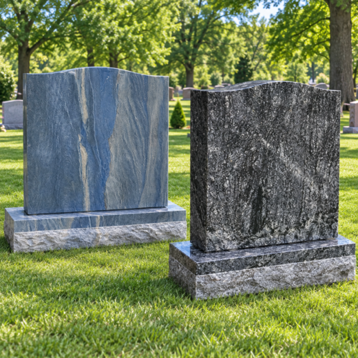 Blue and Dark Gray Granite Upright Monuments Two upright monument dies in blue and dark gray granite, rough-sawn tops