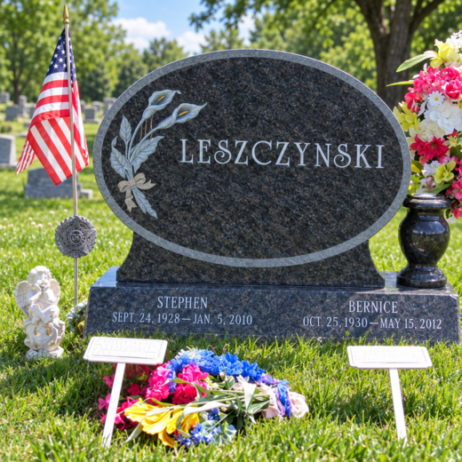 Black Granite Oval Monument with Calla Lilies Black granite oval upright monument with calla lily carving