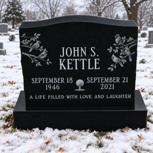 Black Granite Upright Headstone with Carved Cardinals Black granite upright headstone with etched birds on branches