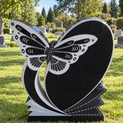 Black Granite Heart Headstone with Etched Butterfly Black granite heart-shaped headstone with etched butterfly, blank for lettering