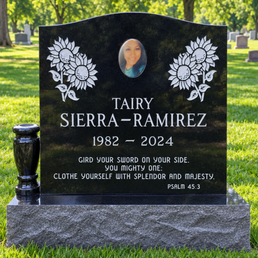 Black Granite Headstone with Etched Sunflowers and Porcelain Photo Black granite headstone with sunflower etchings, porcelain photo and vase